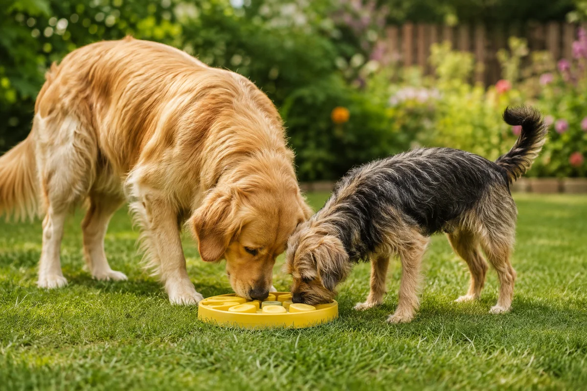 Dos perros explorando un juego de olfato en un jardín