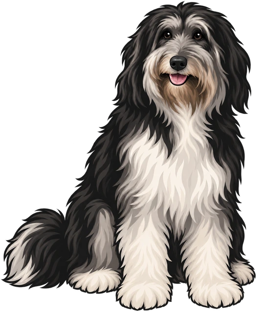 Mascota ilustrada inspirada en Gumi, perro de pelo largo gris y blanco